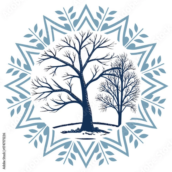 Fototapeta Dark blue bare trees within blue snowflake pattern