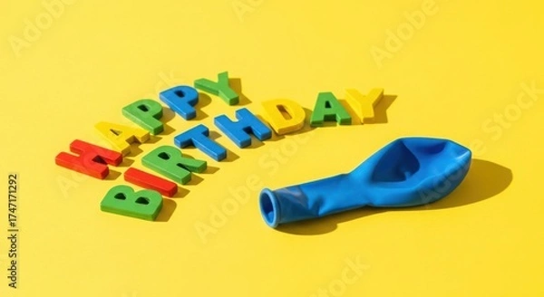 Fototapeta Happy birthday letters and deflated balloon isolated on white background
