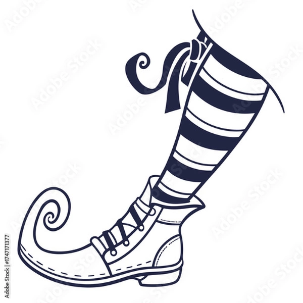 Fototapeta Dark blue elf shoe with curly tip and striped sock