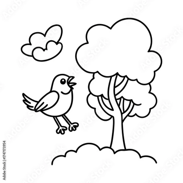 Fototapeta Bird Singing Tree Clouds Simple Coloring Page Vector