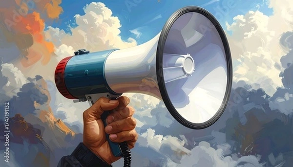 Fototapeta A Person Holding a Megaphone with a Cloudy Sky Background