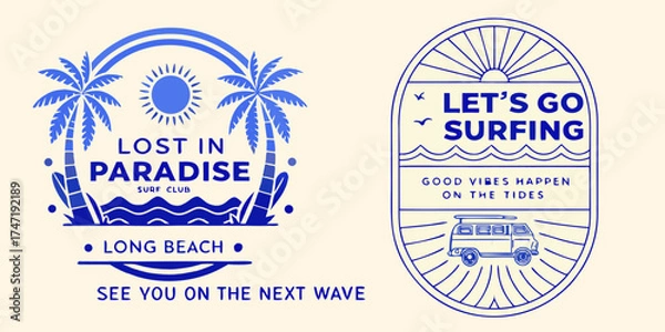 Fototapeta Retro surf club emblems with palm trees sun waves surfboards and a van