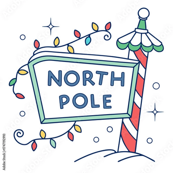 Fototapeta North Pole signpost with festive lights and snow christmas lights