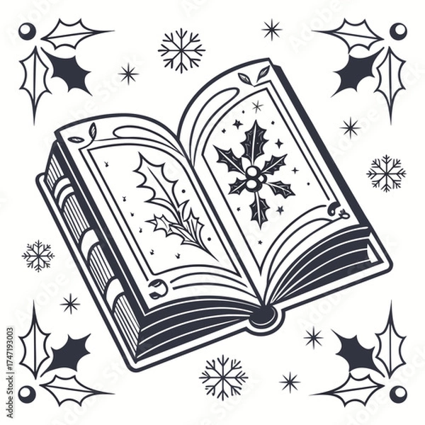 Fototapeta Open christmas book with holly and snowflakes pages