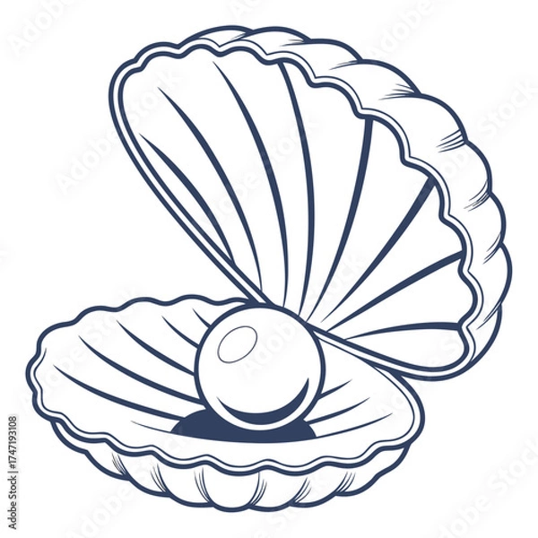 Fototapeta Open seashell with pearl navy blue outline vector