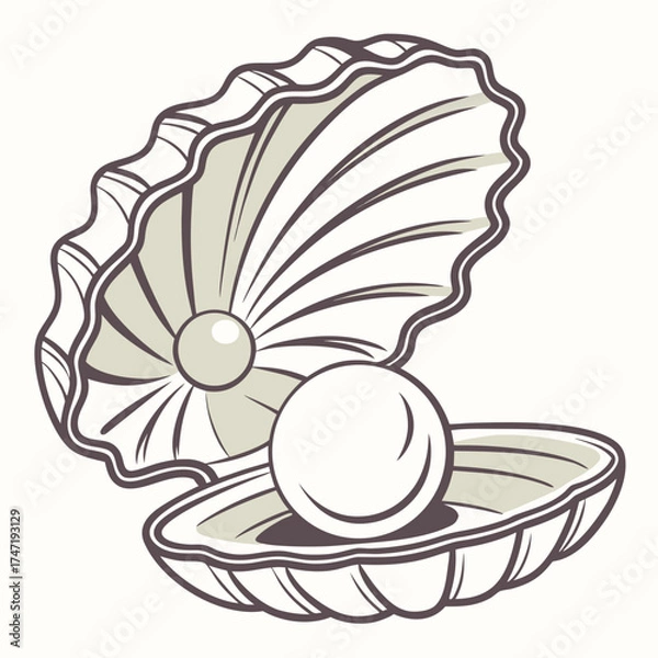 Fototapeta Open seashell with pearl realistic flat style oyster