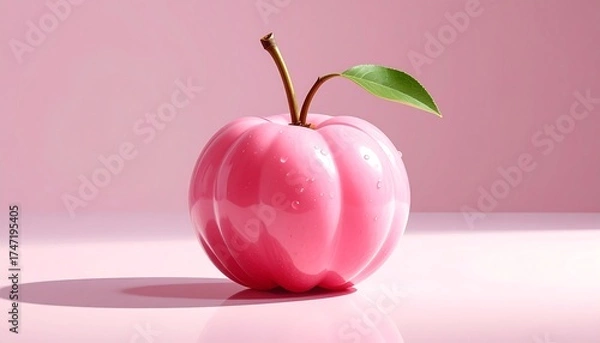 Fototapeta A pink fruit with a leaf and stem, isolated on a pink background