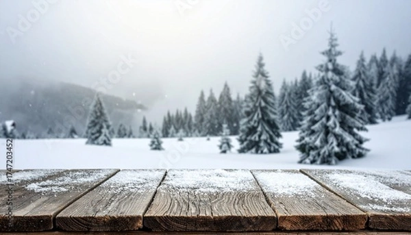 Obraz Snow-dusted wooden table with serene winter forest and mountains in a blurred background