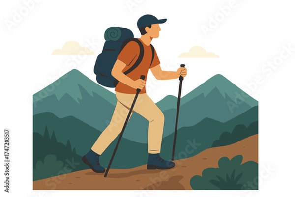 Obraz A hiker with a backpack and trekking poles traverses a mountain trail, symbolizing the idea of outdoor adventure and trekking