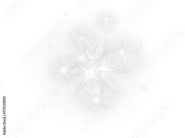 Fototapeta Golden star sun sparkle cluster and glitter light glowing effect with shimmer and bright illumination creating ethereal festive overlay on transparent background