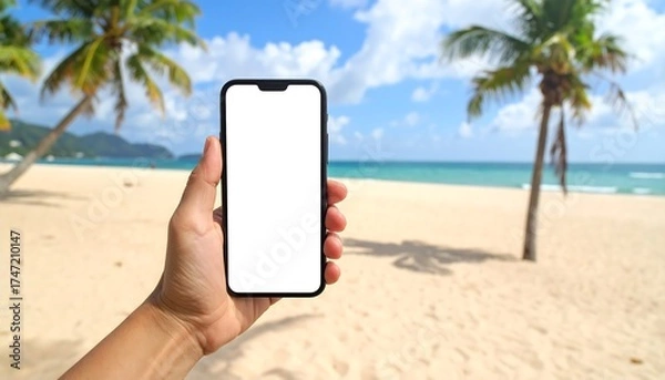 Fototapeta Hand holding smartphone with blank screen on tropical beach (1)