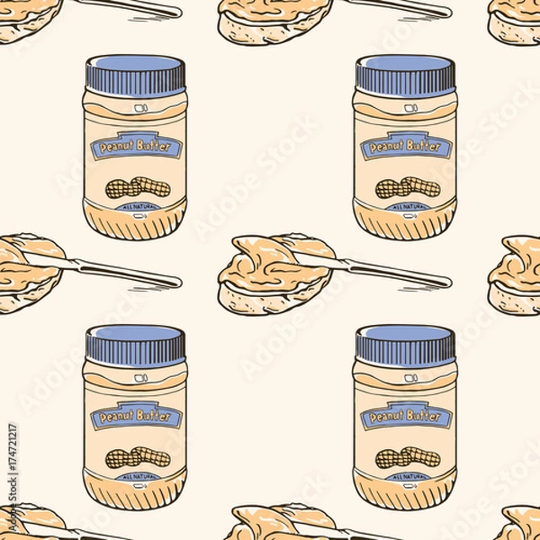 Fototapeta Peanuts seamless pattern with cute butter jar and sandwich. Freehand ink hand drawn picture sketchy in art vintage scribble style pen on paper. Closeup view. Seamless pattern peanut pod for packaging.