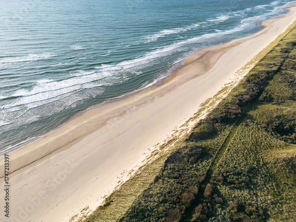 Fototapeta Aerial View of Serene Coastal Beach with Ocean Waves and Grassy Terrain