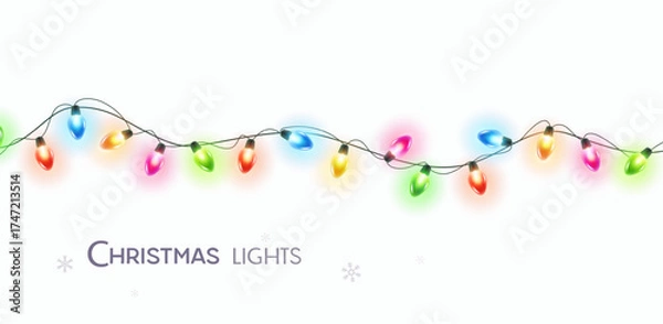Fototapeta Lights bulbs isolated on white background. Glowing colorful Christmas garland string. Vector New Year party led lamps decoration