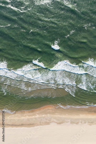 Fototapeta Aerial View of Serene Coastal Beach with Ocean Waves and Grassy Terrain