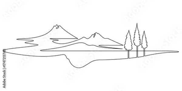 Fototapeta Continuous single line drawing Mountain valley. Lake among the mountains. Trees on the bank of a reservoir. Linear design. One continuous line isolated minimalist illustration. Not AI.
