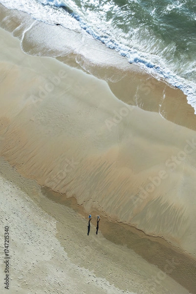 Fototapeta Aerial View of Serene Coastal Beach with Ocean Waves and Grassy Terrain