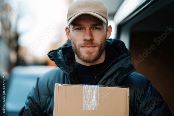 Fototapeta Photo of a man holding a cardboard box in front of a car. Concept of delivery service, shipping, or e-commerce logistics.
