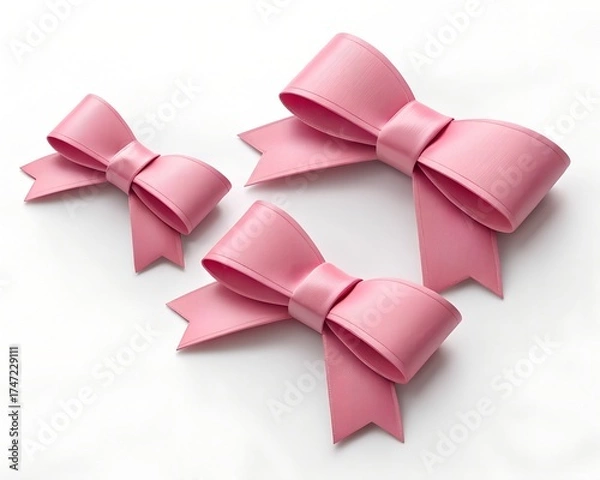 Obraz Three delicate pink satin ribbon bows arranged on a clean white background with soft lighting and subtle shadows Keywords: pink, bows, ribbons, satin, decorative, gift, celebration, party