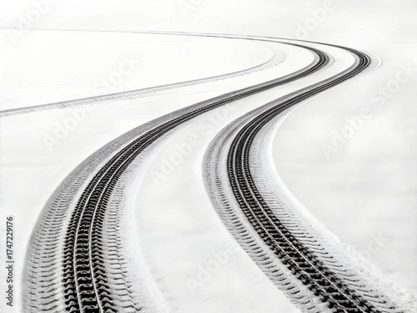 Obraz Tire tracks curving through a vast expanse of white snow in a high angle shot winter landscape
