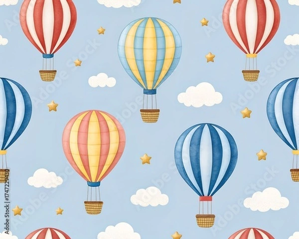 Fototapeta Whimsical Hot Air Balloon Pattern with Clouds and Stars on a Light Blue Sky Background image photo
