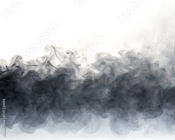 Fototapeta Wisps of dark grey smoke gracefully rising and spreading across a clean white background, creating a soft texture