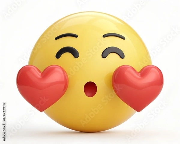 Fototapeta Yellow Emoji Face Blowing a Kiss with Red Hearts on White Background image photo