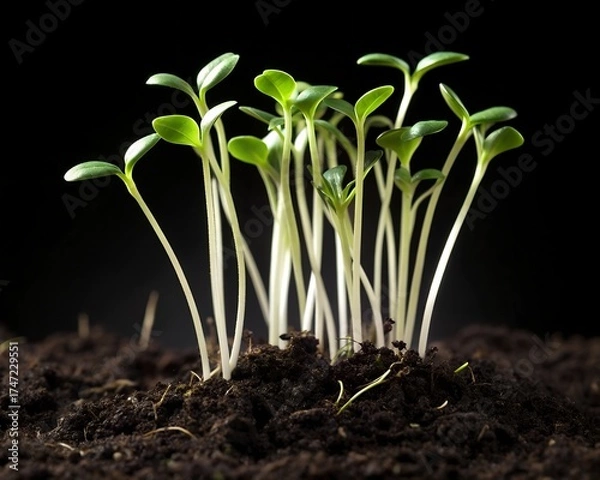 Fototapeta Young Green Seedlings Sprouting from Dark Soil Against a Black Background Keywords: seedlings, sprouts, green, young, plant, growth, new life, soil, dirt, dark, black background, nature