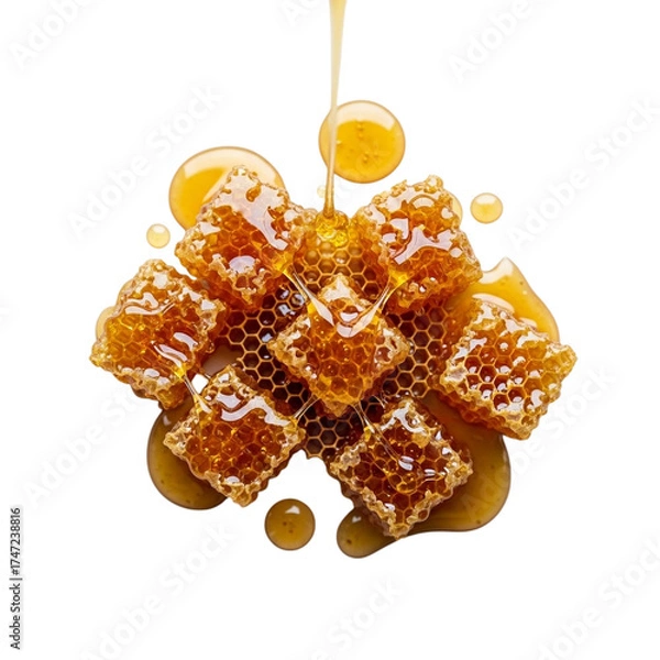 Fototapeta Loosely arranged honeycomb dripping with golden honey, showcasing glossy rich texture from an overhead view on a clean minimal background for natural sweetness theme