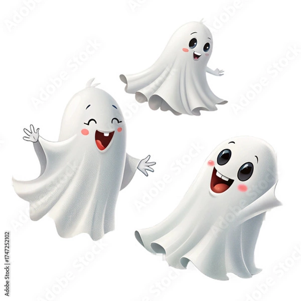 Fototapeta Three cute cartoon ghosts with happy expressions isolated on transparent background