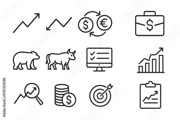 Obraz Stock market thin line icons set. Finance, trading, investment concepts. Pictograms of bull, bear, growth chart, portfolio, currency exchange, analysis for web and apps.