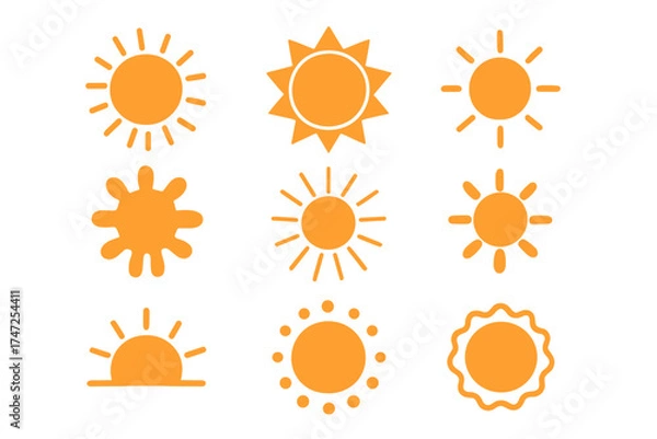 Obraz Sun icon set in flat design style. Bundle of orange suns with sunlight in different shapes. Summer geometric sunny symbols for seasonal decor, logo or weather graphic elements.