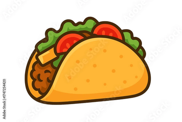 Obraz Taco vector illustration. Mexican fast food concept. Cartoon icon with tortilla, meat and salad for lunch or dinner. Flat design graphic element isolated for easy use.