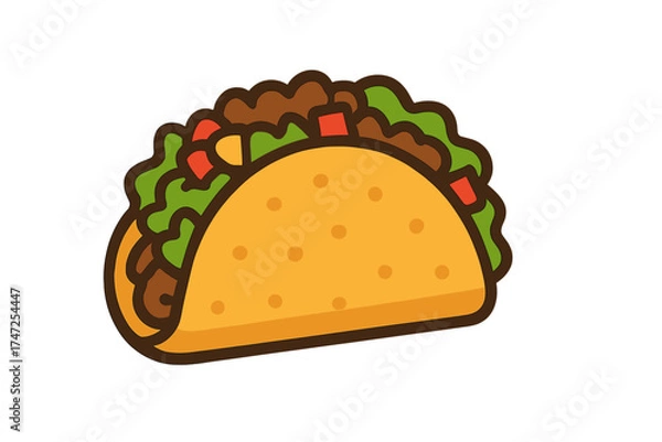 Obraz Taco vector icon with tortilla shell, meat, and lettuce. Mexican food flat illustration. Traditional fast food for lunch or dinner. Simple cartoon graphic isolated on white.