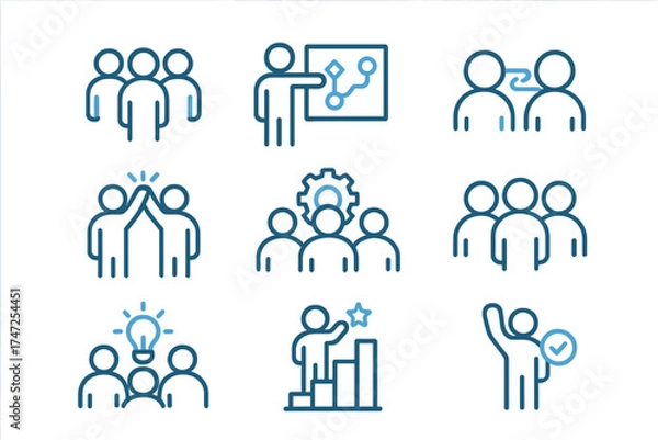 Fototapeta Teamwork icons set for business collaboration. Pictograms of team, planning, connection, cooperation, optimization, work group, and solution. Duotone outline stroke design vector.