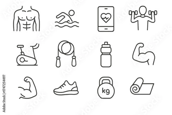 Fototapeta Sports and fitness thin line icons set for web and mobile. Gym workout, training. Fit body, swimming, dumbbell, kettlebell, yoga mat, exercise bike, muscle, water bottle vector.