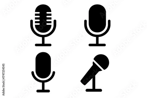 Fototapeta Microphone vector icon set for podcast, voice, and sound recording. Audio mic silhouette symbols for radio, studio, broadcast, web, and interview. Music logo collection.