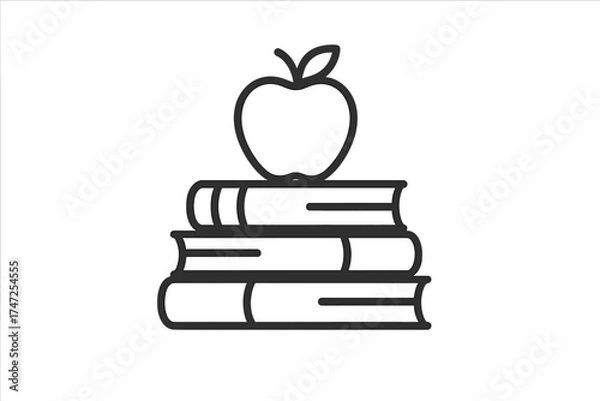 Fototapeta Vector icon of an apple on a stack of books. Education, knowledge, and learning concept. School, university, or library symbol. Back to school design for students and teachers.
