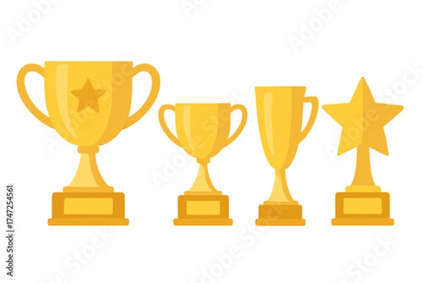Fototapeta Golden trophy cup award vector set. Flat icon illustration for winner, success, and achievement. First place prize for championship competition. Gold star reward symbol concept.