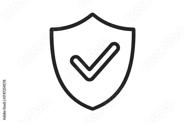 Obraz Shield icon with check mark vector illustration, security protection symbol, verified safety and guarantee outline graphic, trust and reliability concept