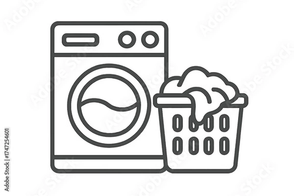 Obraz Washing machine with laundry basket icon. Vector outline illustration of washer and dirty clothes. Home appliance laundry symbol for cleaning, household chores, washing day design.