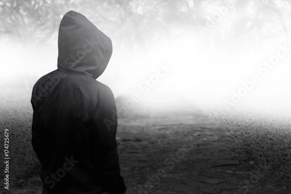 Fototapeta back view Sinister figure with background spooky forest 