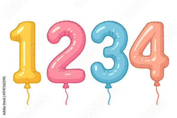 Fototapeta Colorful number balloons 1 to 4 in yellow, pink, blue, and peach with strings