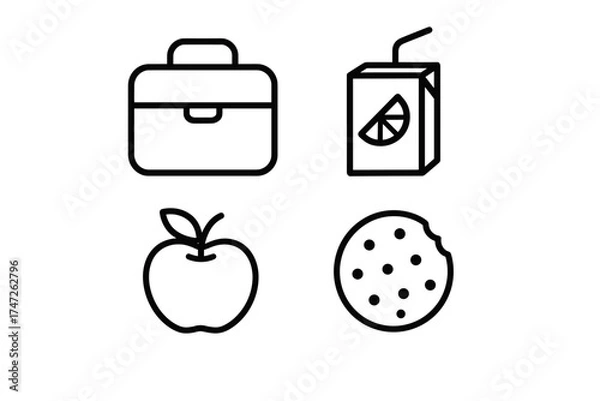 Fototapeta Lunchbox and snacks: juice box, apple, cookie icon set in minimalist design