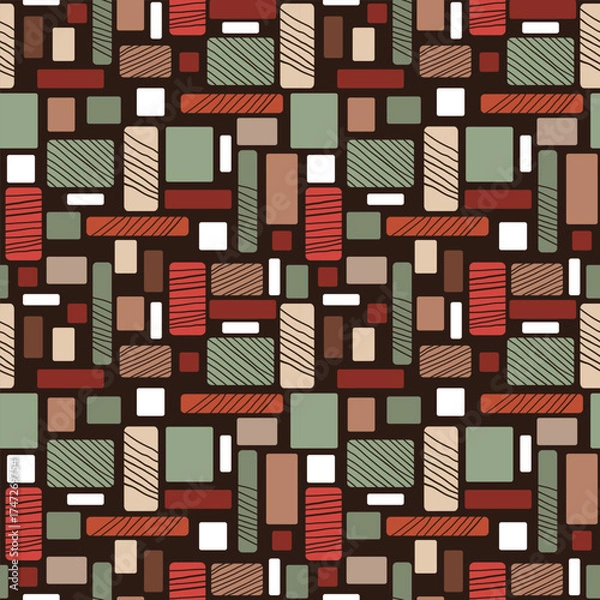 Fototapeta Vektorgrafik mit geometrischen Formen. Nahtloses Muster mit bunten Rechtecken auf schwarzem Hintergrund.