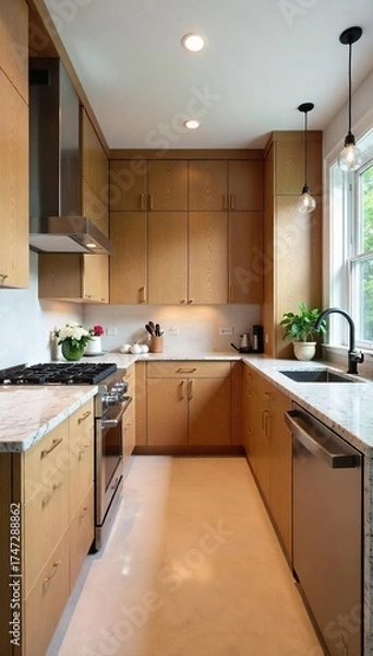 Obraz Modern Kitchen with Sleek Granite Countertops, Stainless Steel Appliances, and Warm Wood Cabinets Bright, Airy Space Ideal for Cooking and Entertaining