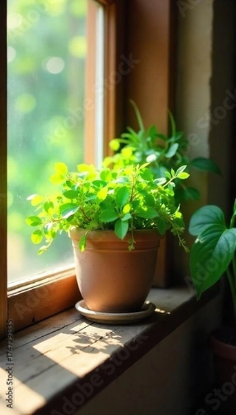 Obraz Sunlit Rustic Windowsill Overflowing with Lush Green Plants in a Cheerful Ceramic Pot, Evoking Home, Growth, and Tranquility