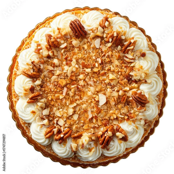 Fototapeta An elegant round cake decorated with swirls of white frosting whole pecans and a crunchy nut topping sits on a golden plate against a dark backdrop