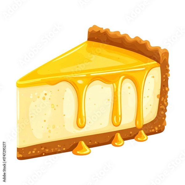 Obraz Animated cartoon slice of cheesecake with a graham cracker crust, dripping with golden syrup
