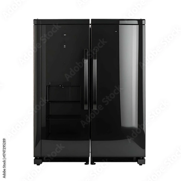 Fototapeta Shiny, black double-door appliance, glossy finish, minimal design, set against a black backdrop